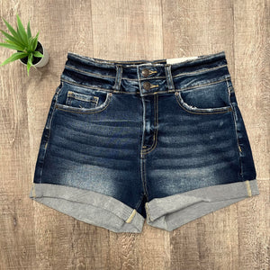 Olivia Cuffed Double Button Denim Shorts | Dark Wash