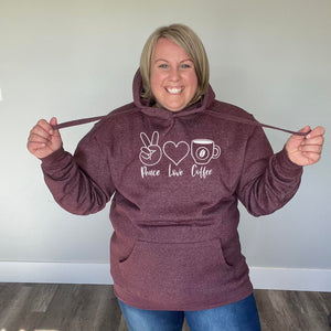 Peace, Love, Coffee Hoodie | Maroon Heather
